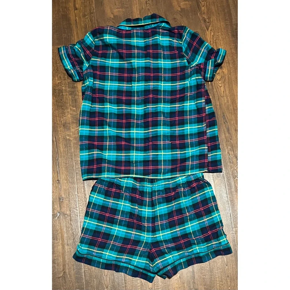 Lands End Womens Plaid Pajama Set Green Blue Cotton Rayon Short Sleeve L Tall